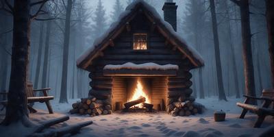 The primary subject of the image is a log cabin with a fireplace, surrounded by snow. The cabin appears to be a cozy and warm place to spend time in during the winter season. The setting is a snowy landscape, with trees in the background, creating a serene and peaceful atmosphere. The visual style of the image is a digital art, which adds a sense of realism and depth to the scene. The dominant colors in the image are shades of white and brown, representing the snow and the cabin's wooden exterior